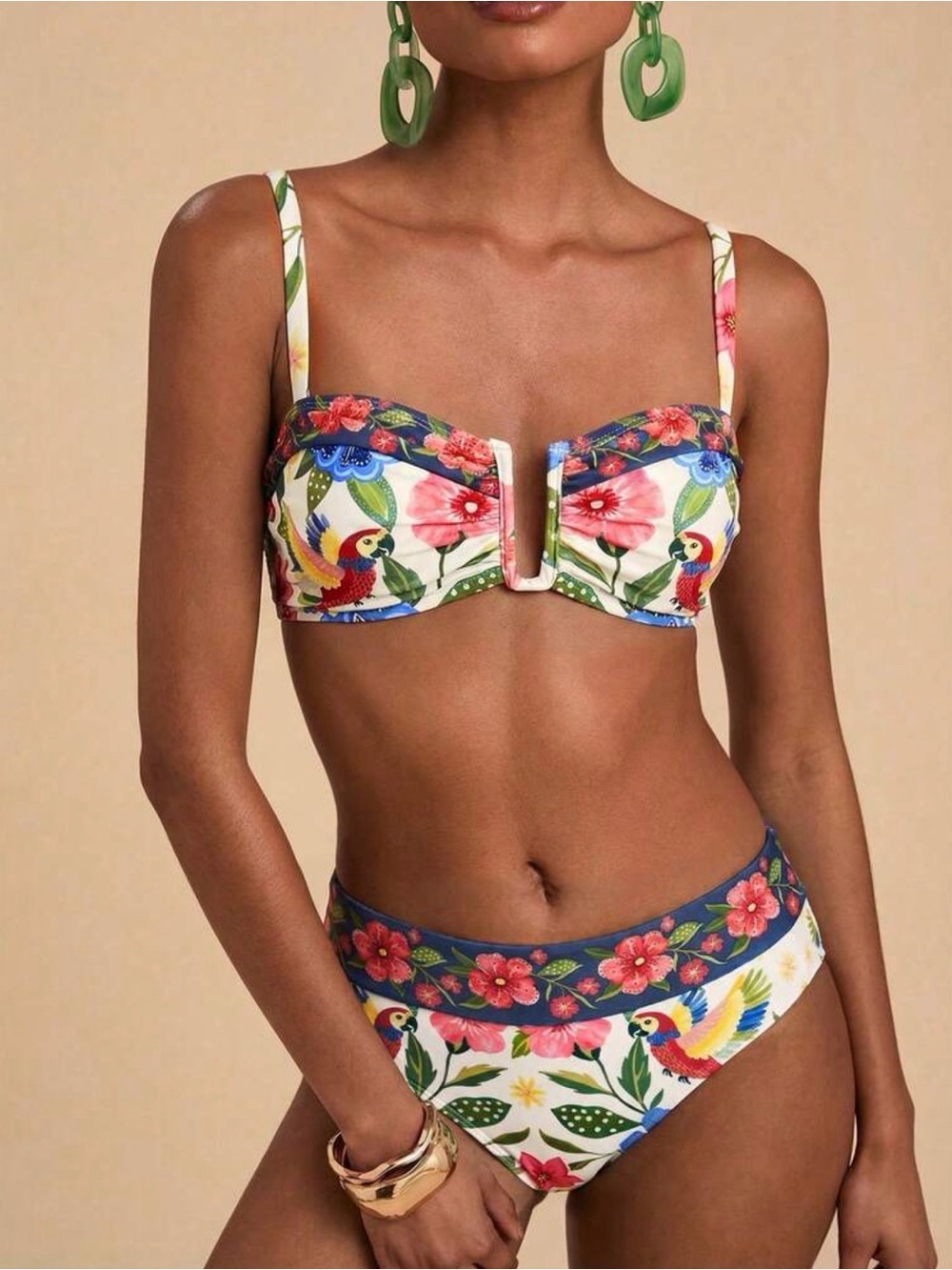 Floral Parrot V-Wire Bikini Set - White & Multicolor